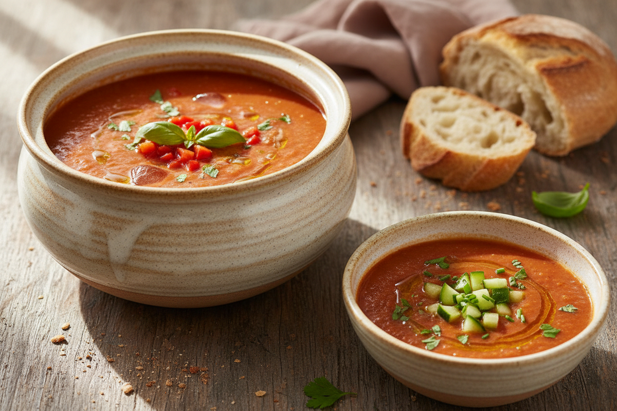 Two ceramic bowls filled with gazpacho on a rustic wooden table, garnished with basil and diced vegetables, with sliced bread and a folded cloth in the background.
