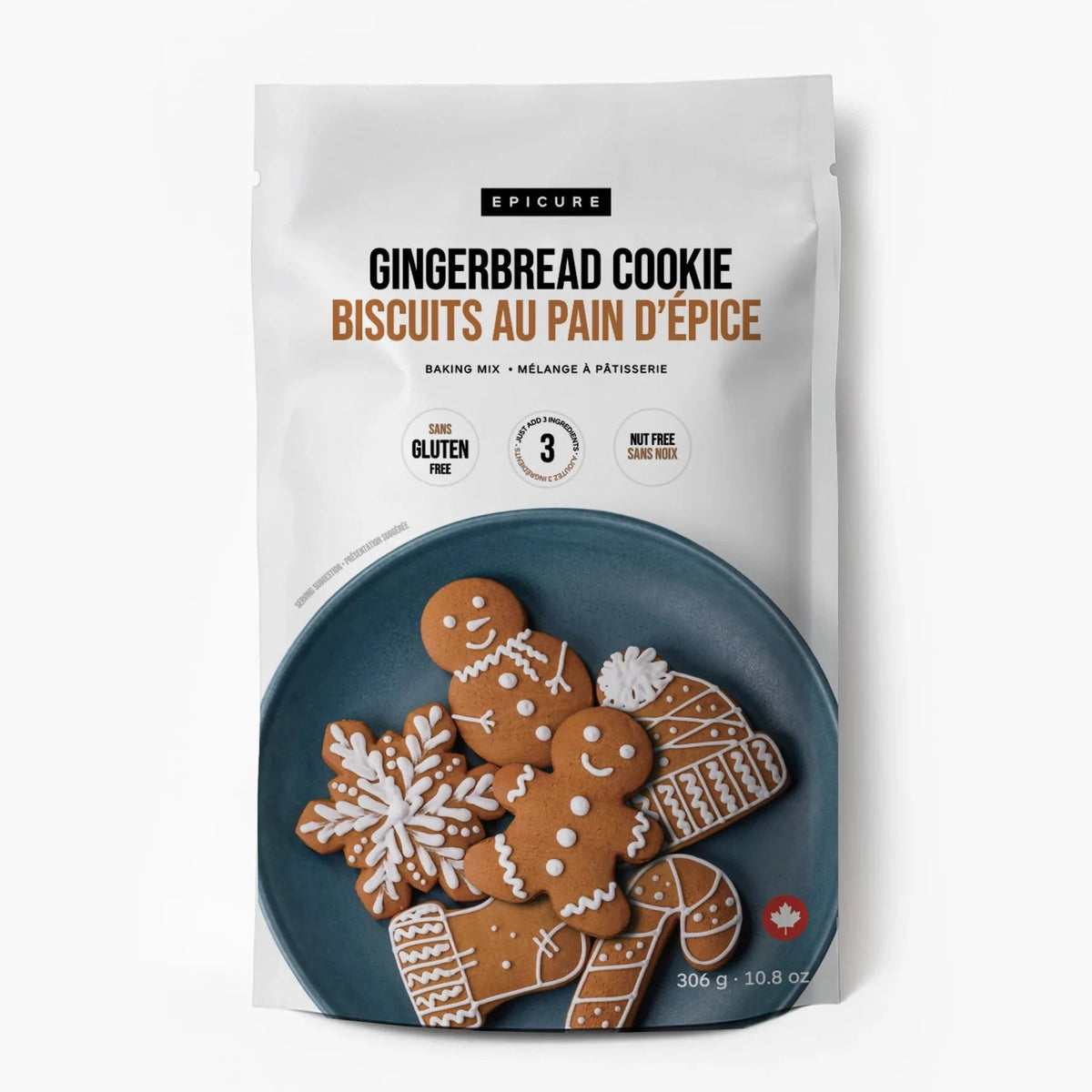 A package of Epicure Gingerbread Cookie Biscuits, featuring a white bag with a photo of decorated gingerbread cookies on a dark blue plate. The package is labeled 'GINGERBREAD COOKIE BISCUITS AU PAIN D'EPICE' and includes icons for gluten free, no artificial flavor, and nut free.