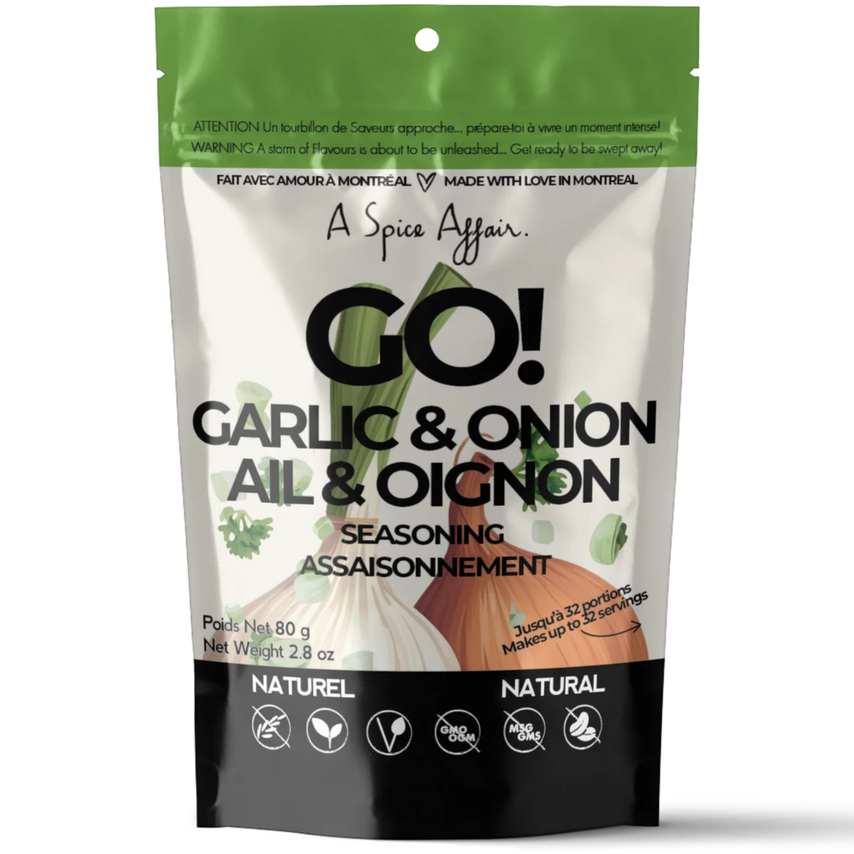 A stand-up pouch of 'GO! Garlic & Onion Seasoning' by the brand 'A Spice Affair'. The packaging features a white background with a green top band, black text, and illustrations of a garlic bulb, onions, and herbs.