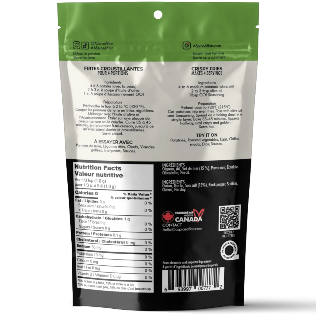 Back view of a GO! Garlic & Onion Seasoning packaging with nutritional information and branding on a white background