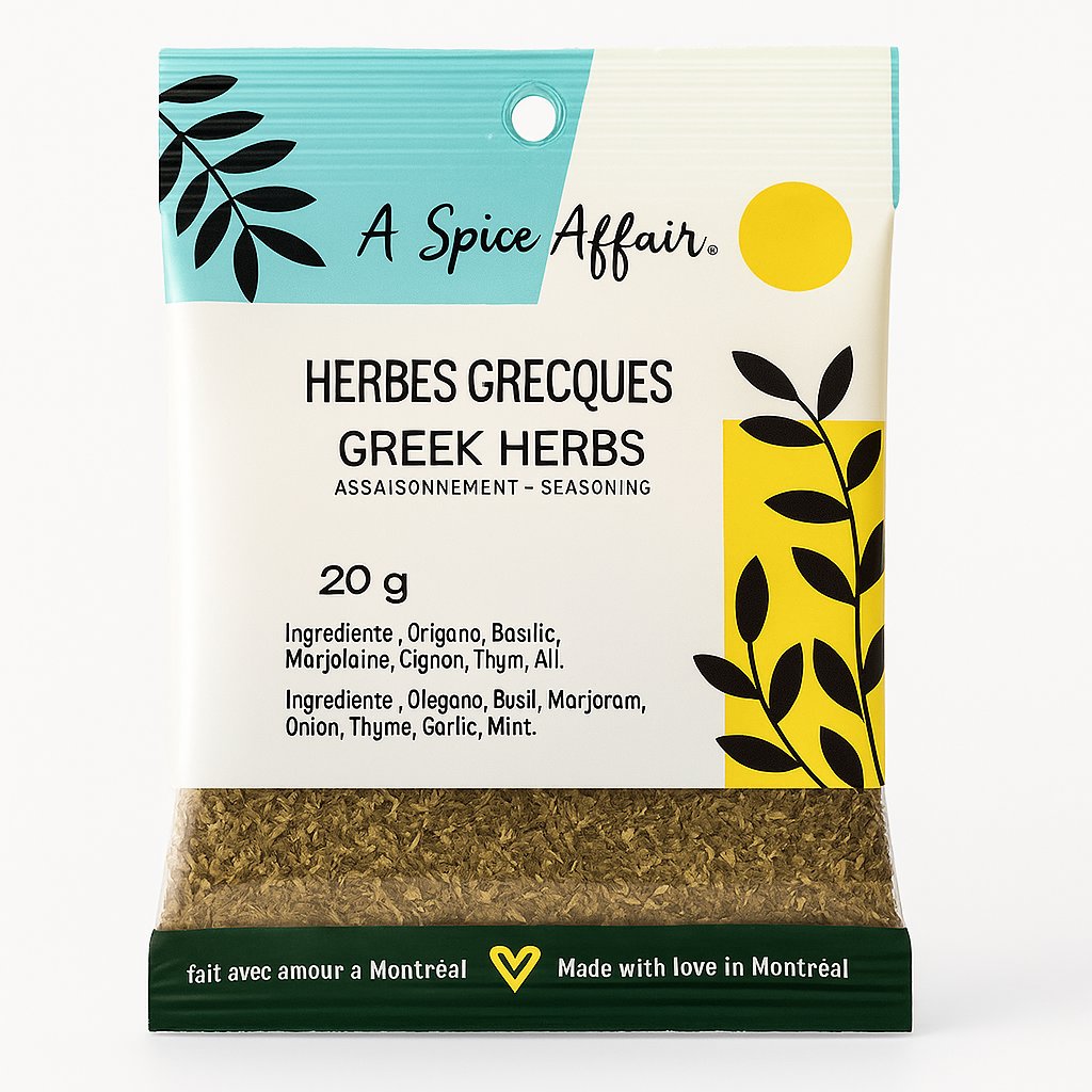 A package of A Spice Affair Greek Herbs against a white background