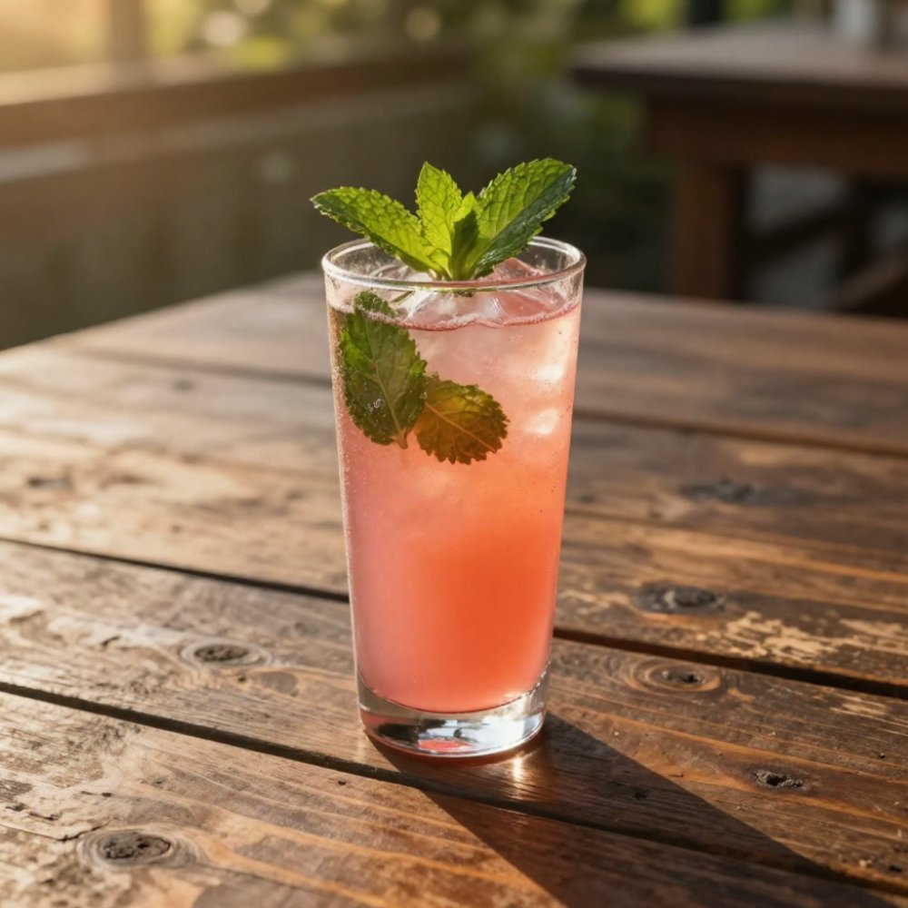 Hibiscus Bliss Herbal Tea Blend served as a chilled pink drink with ice and fresh mint leaves in a tall glass on a sunlit rustic wooden table