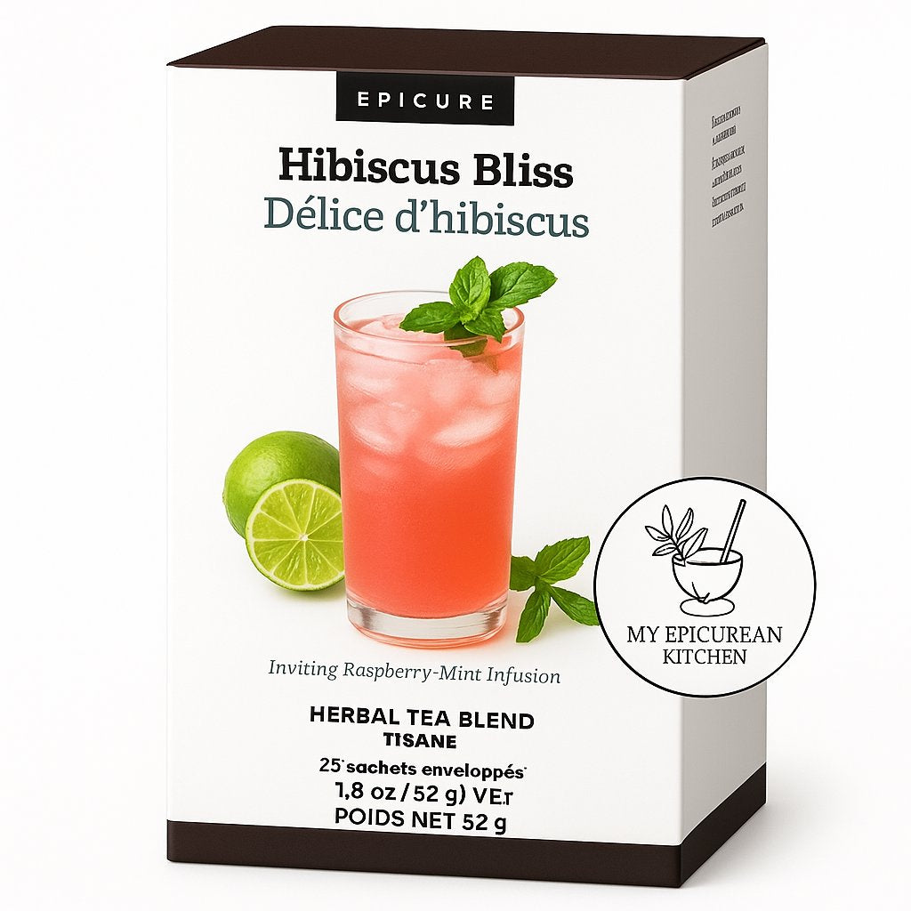 Epicure Hibiscus Bliss tea blend packaging with a glass of tea and lime on a white background