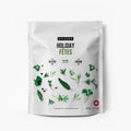 A white stand-up pouch of Epicure Holiday seasoning blend, featuring illustrations of various green herbs and spices on a clean white background.
