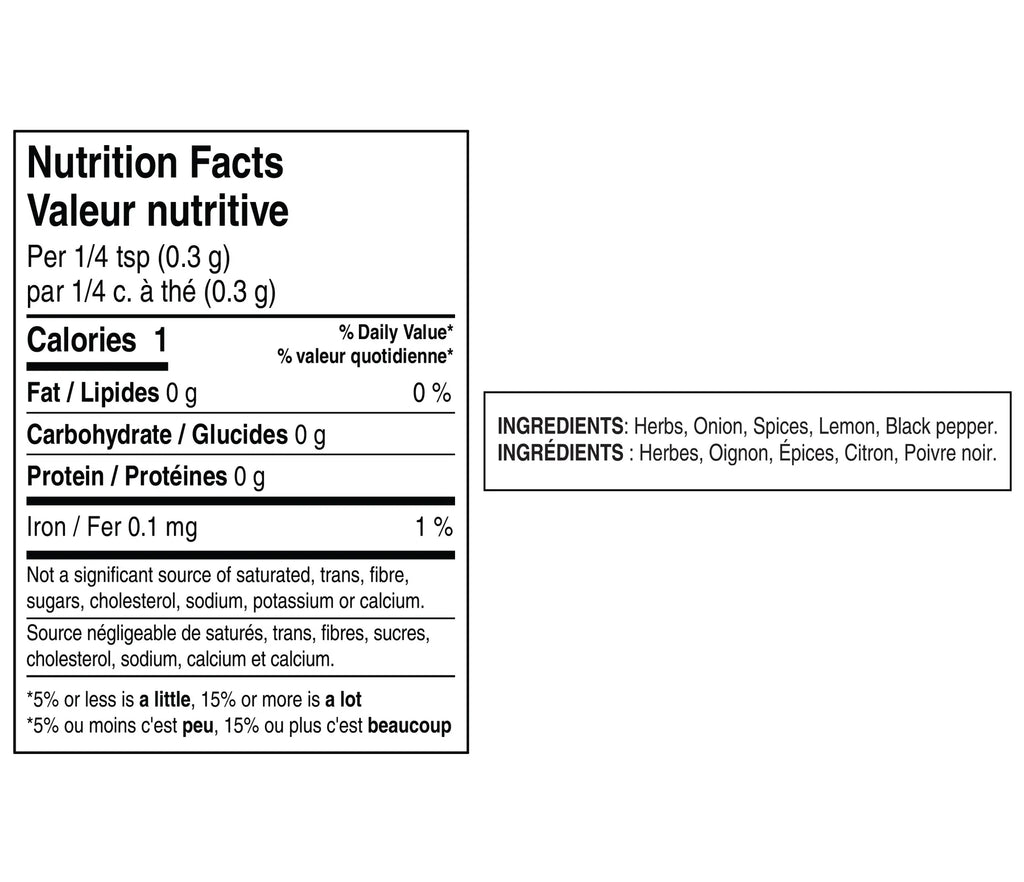 A Nutrition Facts label in French with a black-and-white nutrition panel and ingredient list on a plain white background, of Epicure Holiday Seasoning.