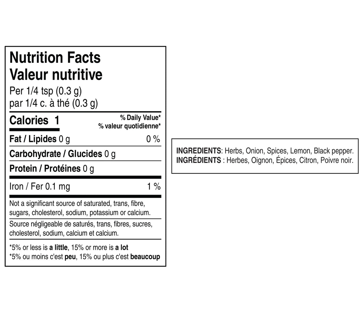 A Nutrition Facts label in French with a black-and-white nutrition panel and ingredient list on a plain white background, of Epicure Holiday Seasoning.