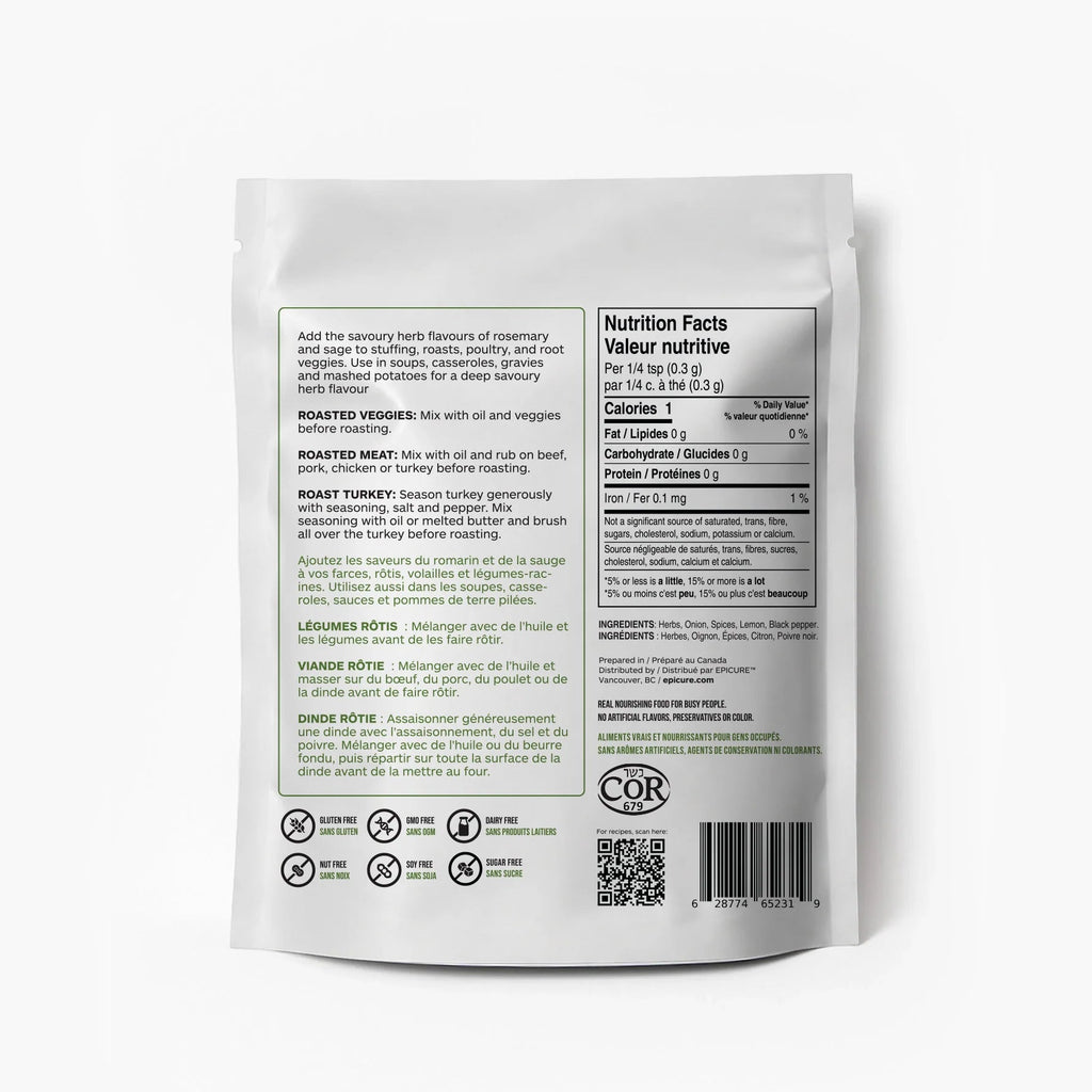 The back of a white stand-up pouch of Epicure Holiday Seasoning, showing printed nutrition facts, ingredients, icons, and a barcode on a light gray background.