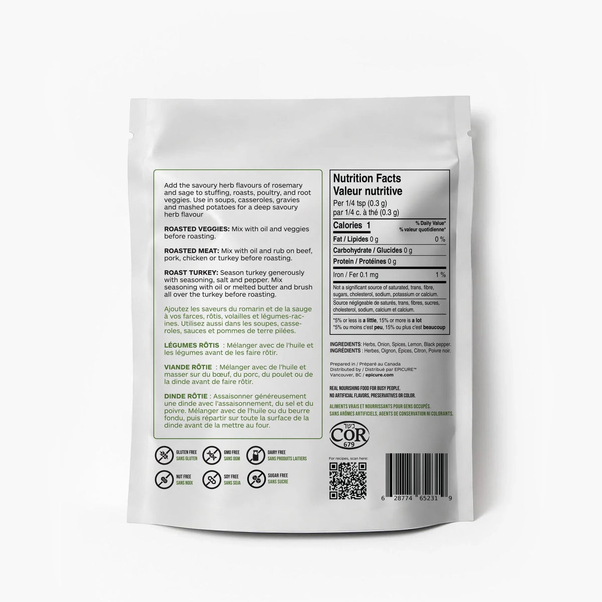 The back of a white stand-up pouch of Epicure Holiday Seasoning, showing printed nutrition facts, ingredients, icons, and a barcode on a light gray background.