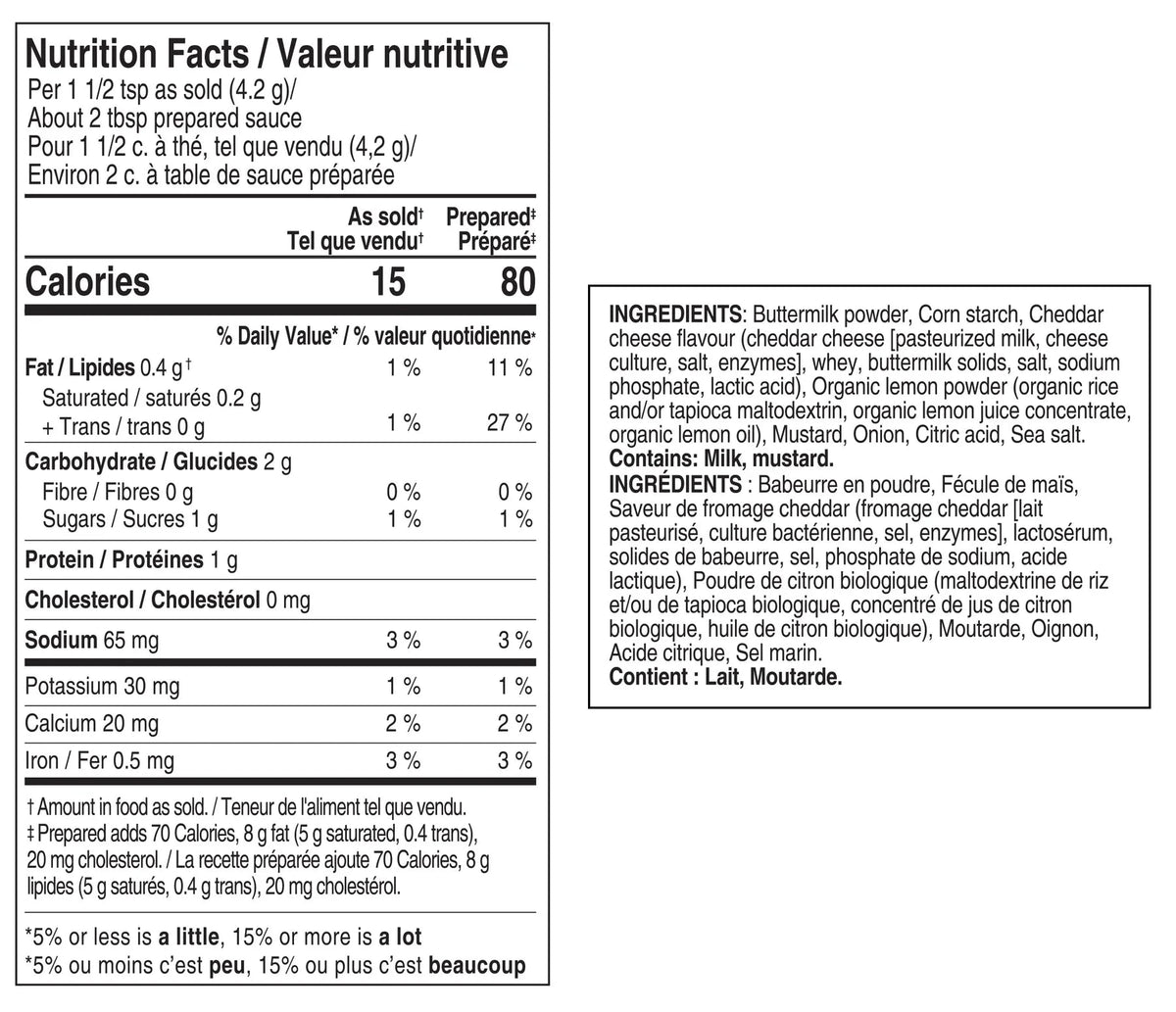 Nutrition facts for Hollandaise Sauce Mix Epicure 