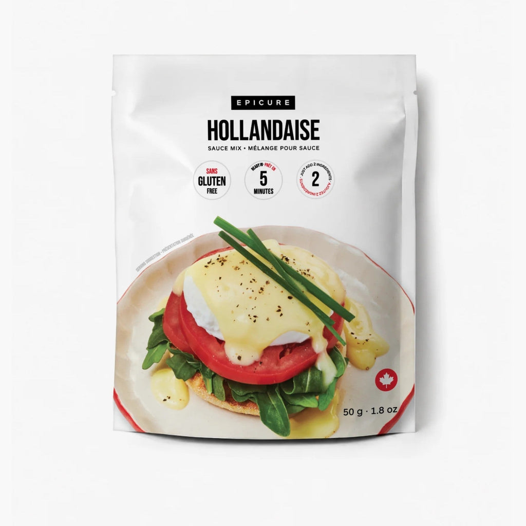A package of Epicure Hollandaise sauce mix on a clean white background. The white resealable pouch features the brand name 'EPICURE' and the product name 'HOLLANDAISE' in black text, along with icons indicating gluten free, 5 minutes prep time, and 2 ingredients.