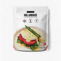 A package of Epicure Hollandaise sauce mix on a clean white background. The white resealable pouch features the brand name 'EPICURE' and the product name 'HOLLANDAISE' in black text, along with icons indicating gluten free, 5 minutes prep time, and 2 ingredients.