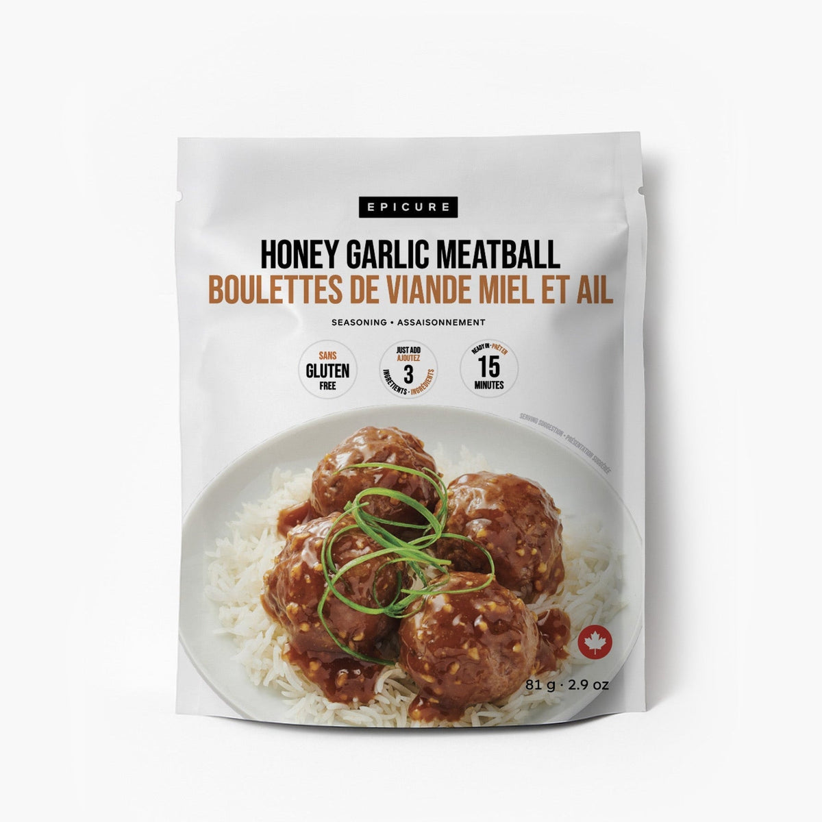 Epicure honey garlic meatball seasoning package on a white background