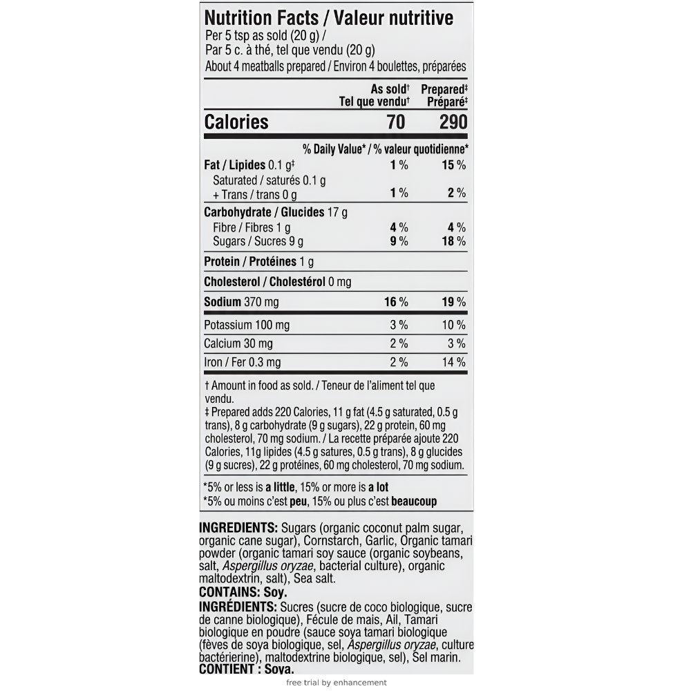Nutrition facts for Honey Garlic Meatball Epicure 