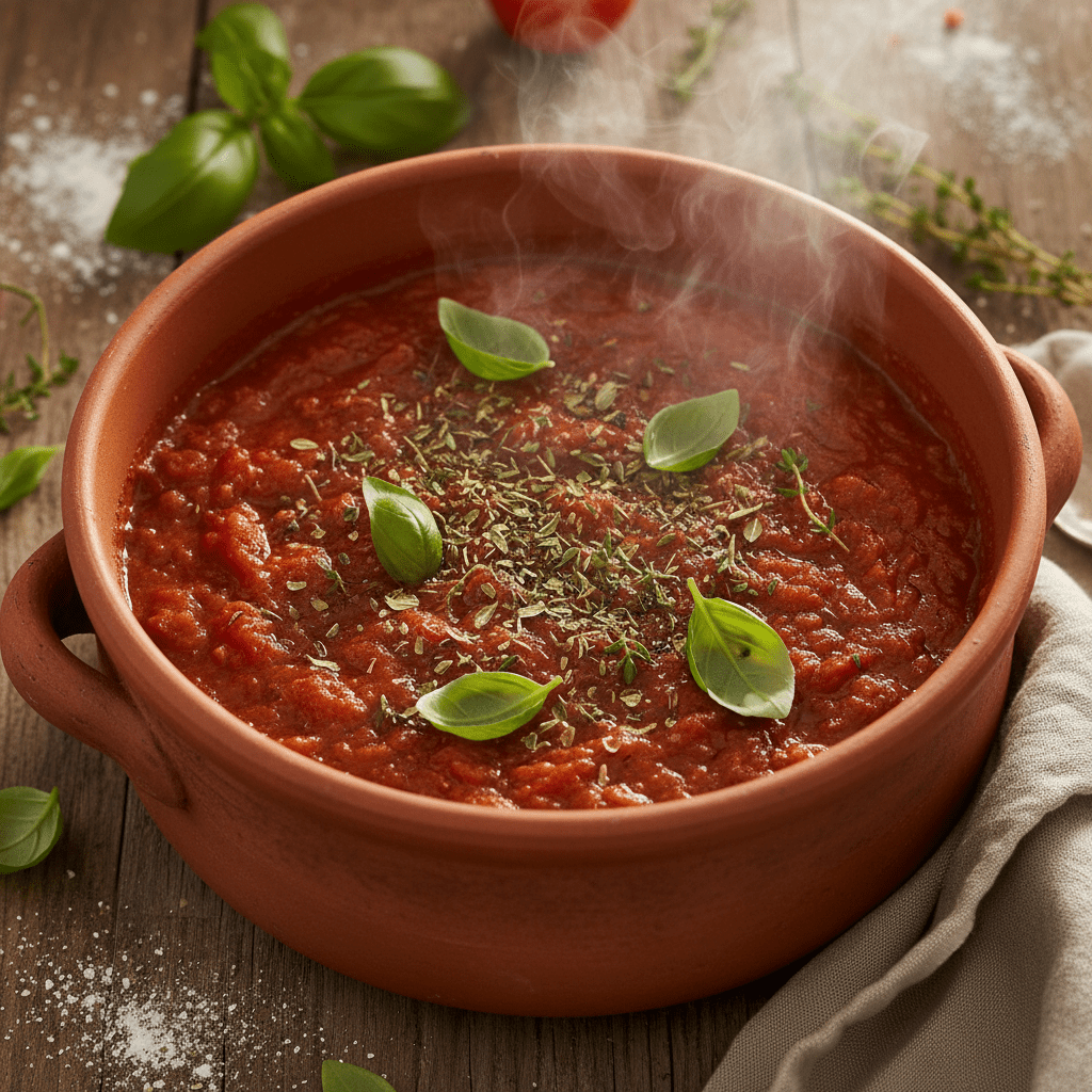 Marinara Sauce in a terracotta pot garnished with italian seasoning and basil leaves on a wooden table
