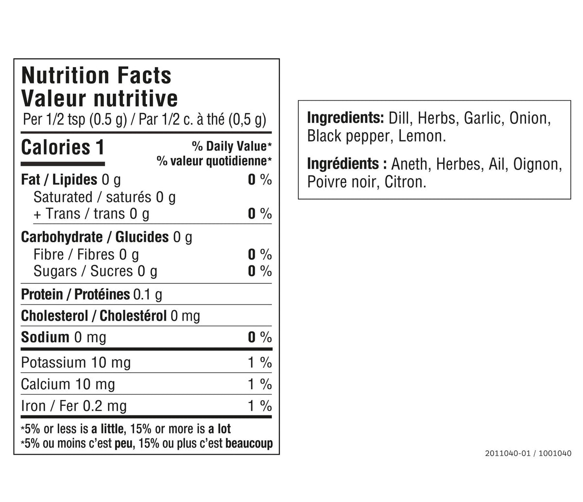 Nutrition facts for Lemon Dilly Dip Mix Epicure 