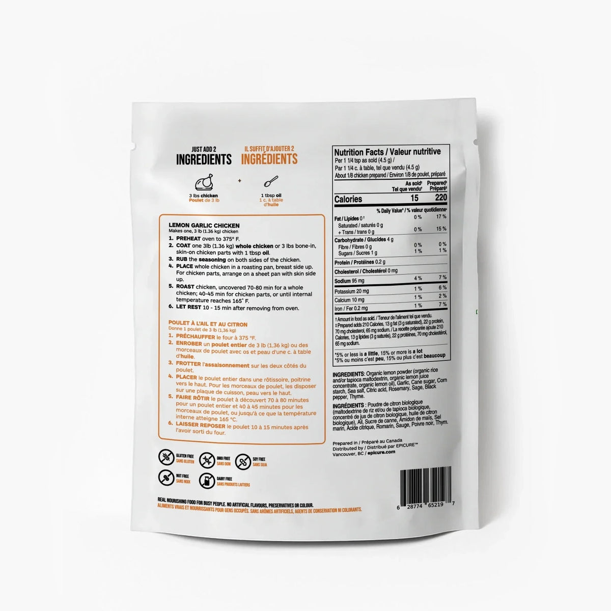 Back view of Epicure Lemon Garlic Chicken package with nutritional information on a white background