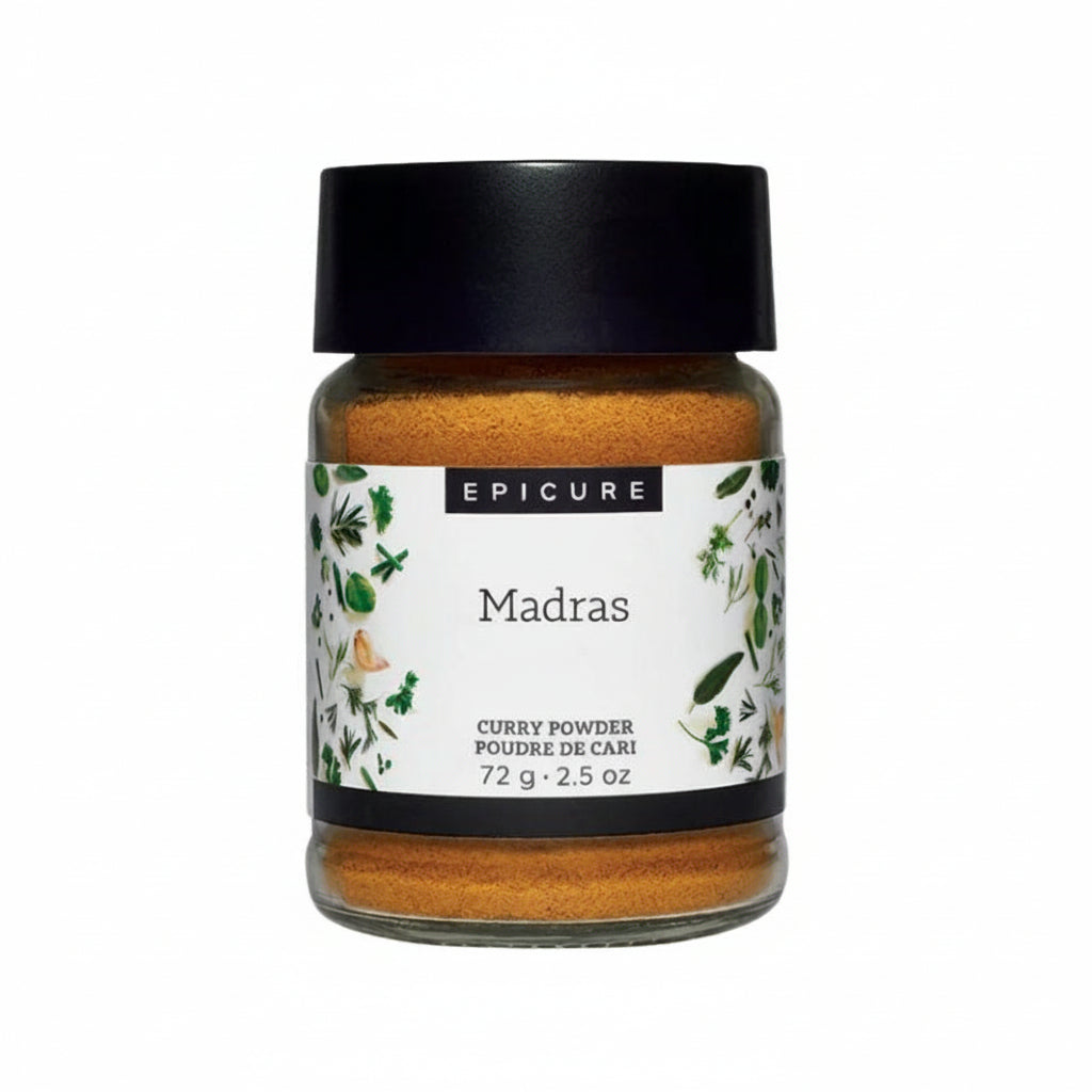 Jar of Epicure Madras Curry Powder with a black lid on a white background