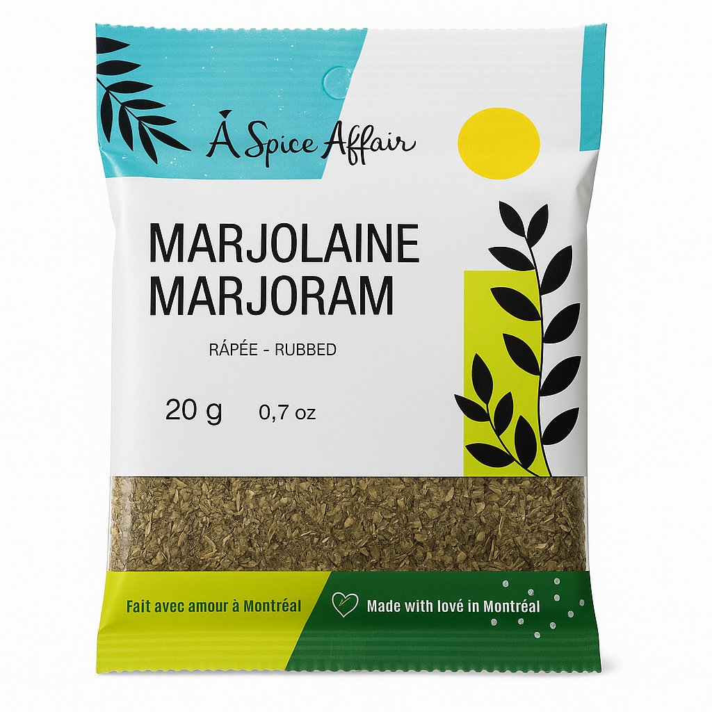 A package of A Spice Affair Rubbed Marjoram against a white background