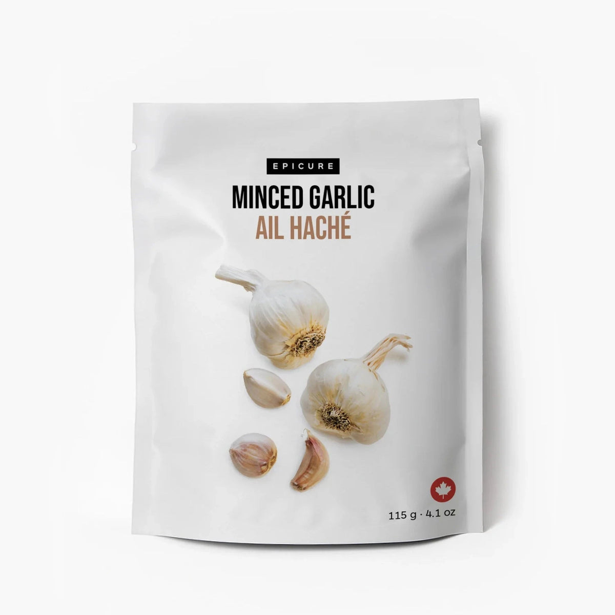 Packaging of Epicure minced garlic on a white background