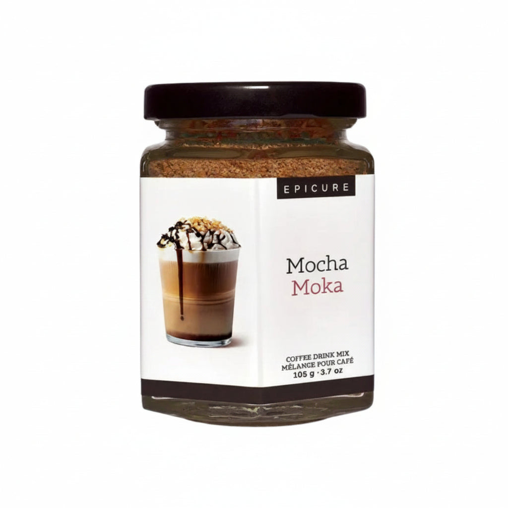 Jar of Epicure Mocha Coffee Drink Mix  featuring iced mocha drink on the label on a white background.