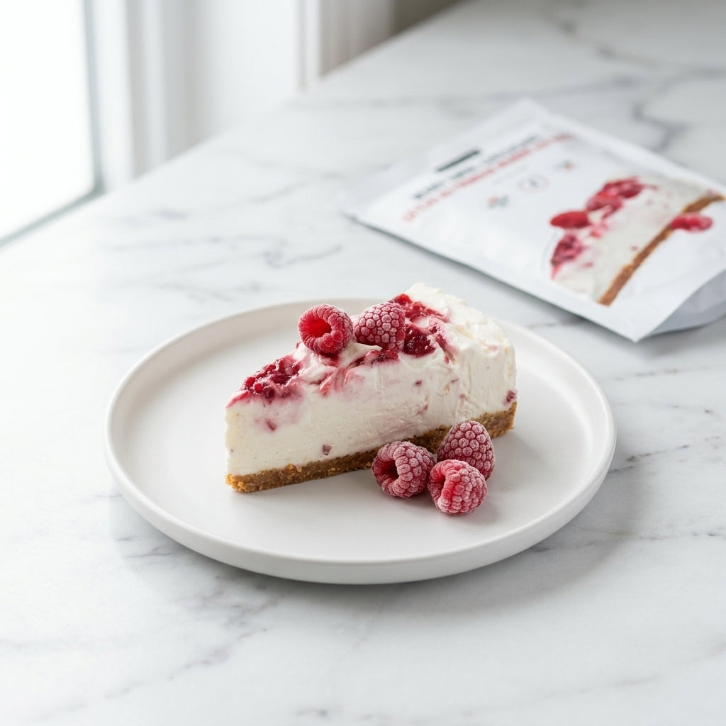 A slice of creamy frozen cheesecake with fresh raspberries on a white plate, with the Epicure pouch blurred in the background on a white marble surface.