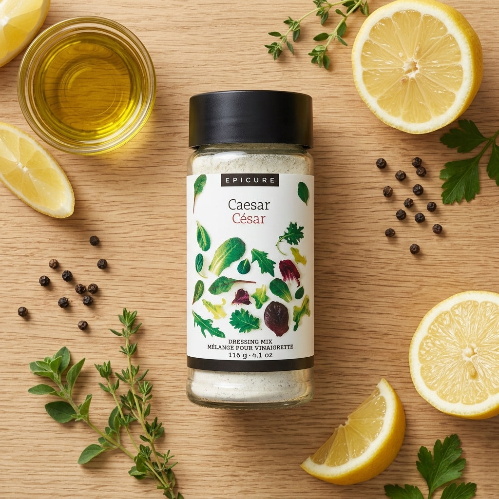 Caesar Dressing Mix jar — Ingredients Flat Lay | Generated by Modelize