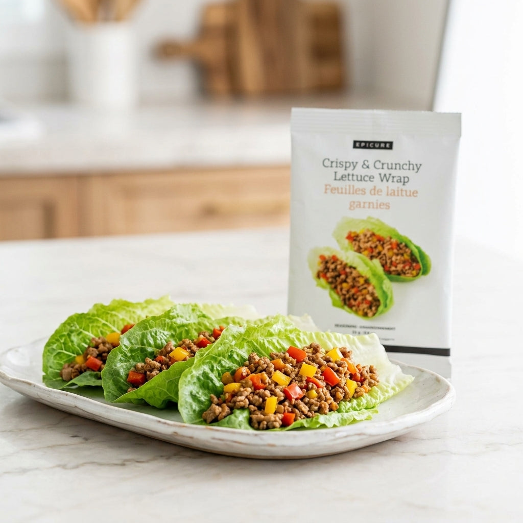 Three lettuce wraps filled with ground meat and colorful vegetables are served on a white plate, with a package of Epicure Crispy & Crunchy Lettuce Wrap seasoning standing behind them on a light countertop.