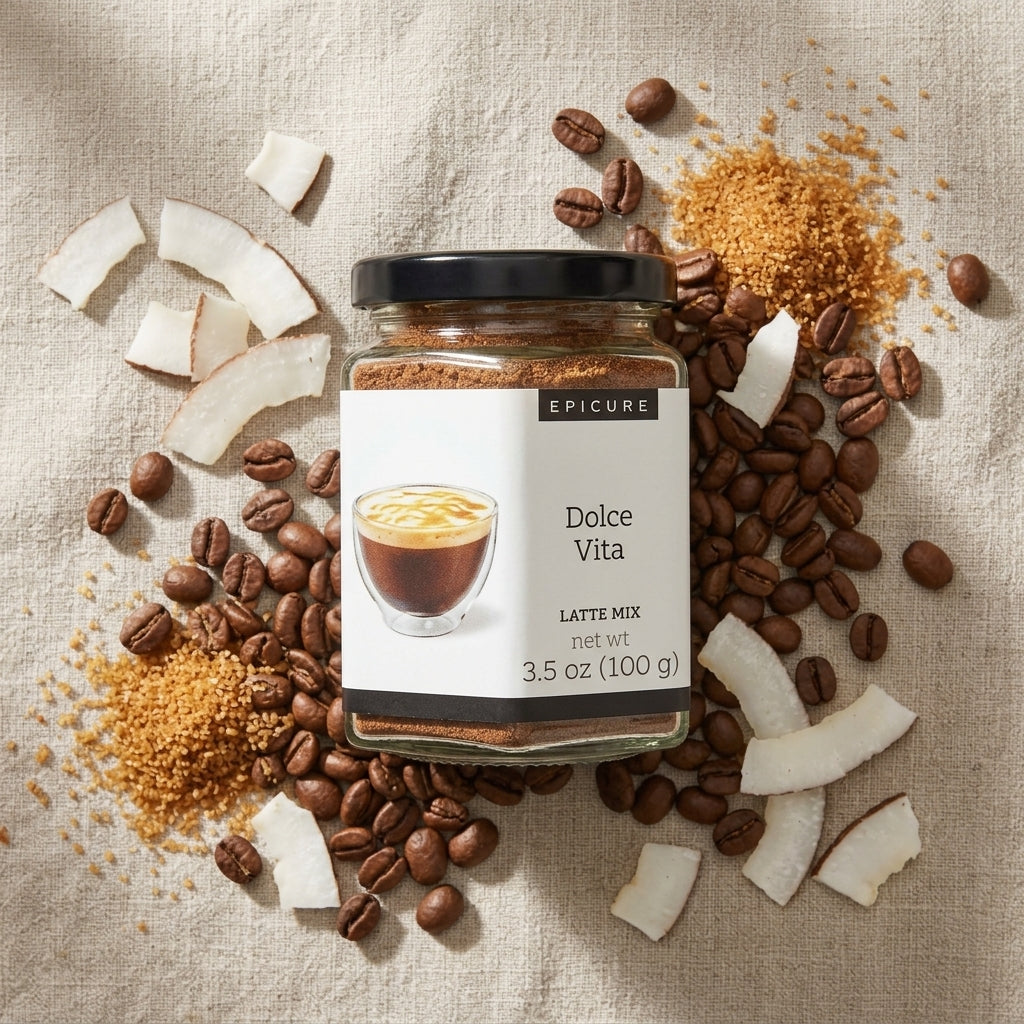 Gourmet latte mix jar — Ingredients Flat Lay | Generated by Modelize