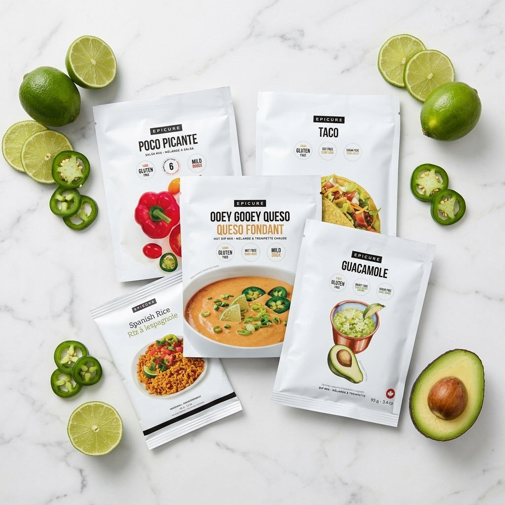 Dry seasoning and dip mix packets — Ingredients Flat Lay | Generated by Modelize