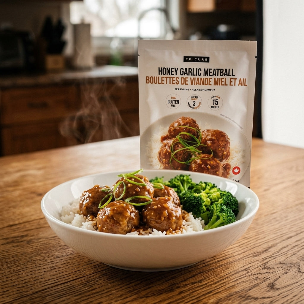 Food seasoning stand-up pouch — Prepared Dinner Scene | Generated by Modelize