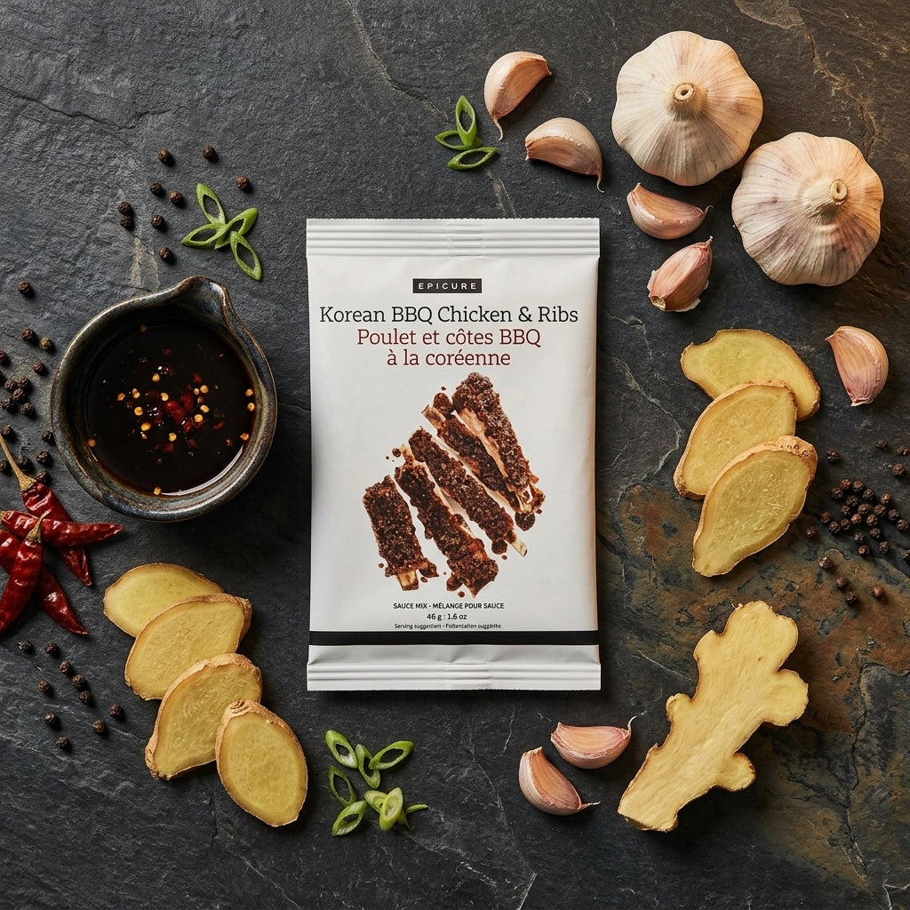 Sauce and marinade pouch — Ingredients Flat Lay | Generated by Modelize