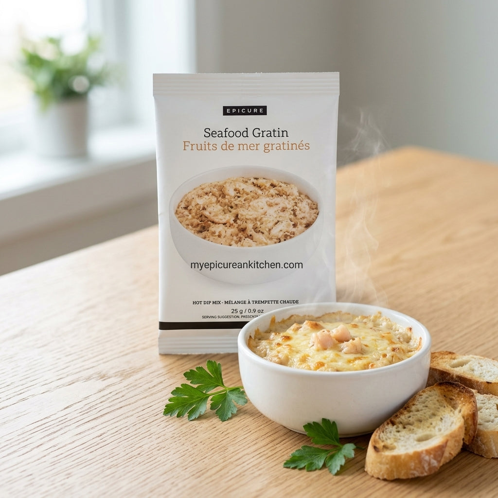 A package of Epicure Seafood Gratin stands on a light wood table beside a white bowl of prepared gratin with crusty bread slices and parsley garnish.