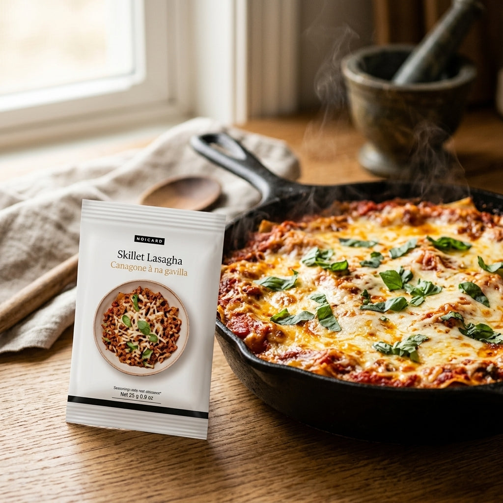A package of Epicure Skillet Lasagna seasoning mix stands on a wooden table next to a cast-iron skillet filled with cooked lasagna, with a blurred kitchen background.