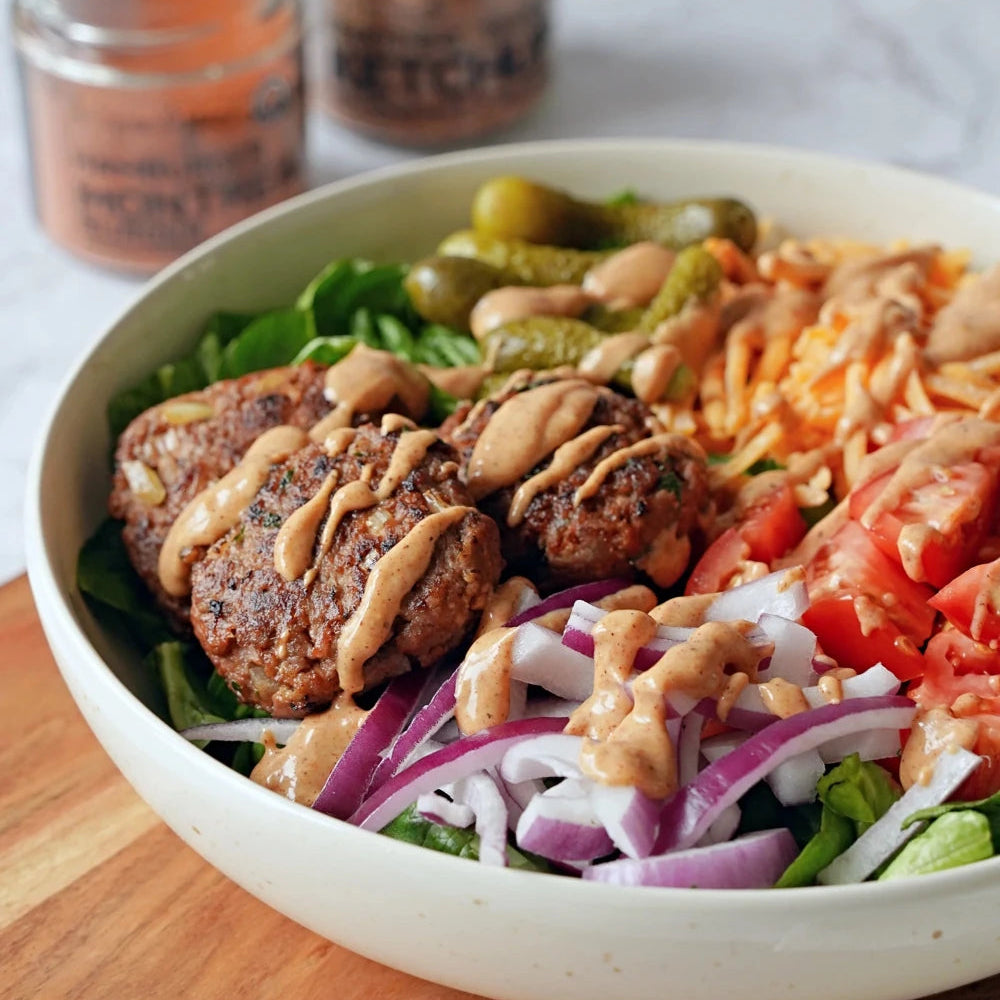 Montreal Burger Bowl with Ketchup Aioli by A Spice Affair