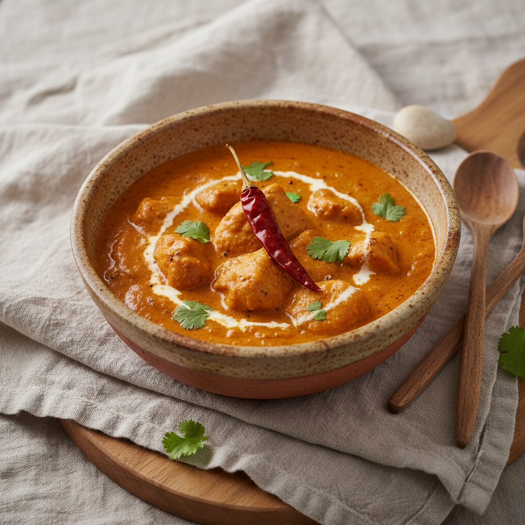 A ceramic bowl filled with Murgh Makhani, garnished with a red chili pepper, white cream swirl, and fresh green cilantro, set on a beige linen cloth with wooden spoons and a wooden board.