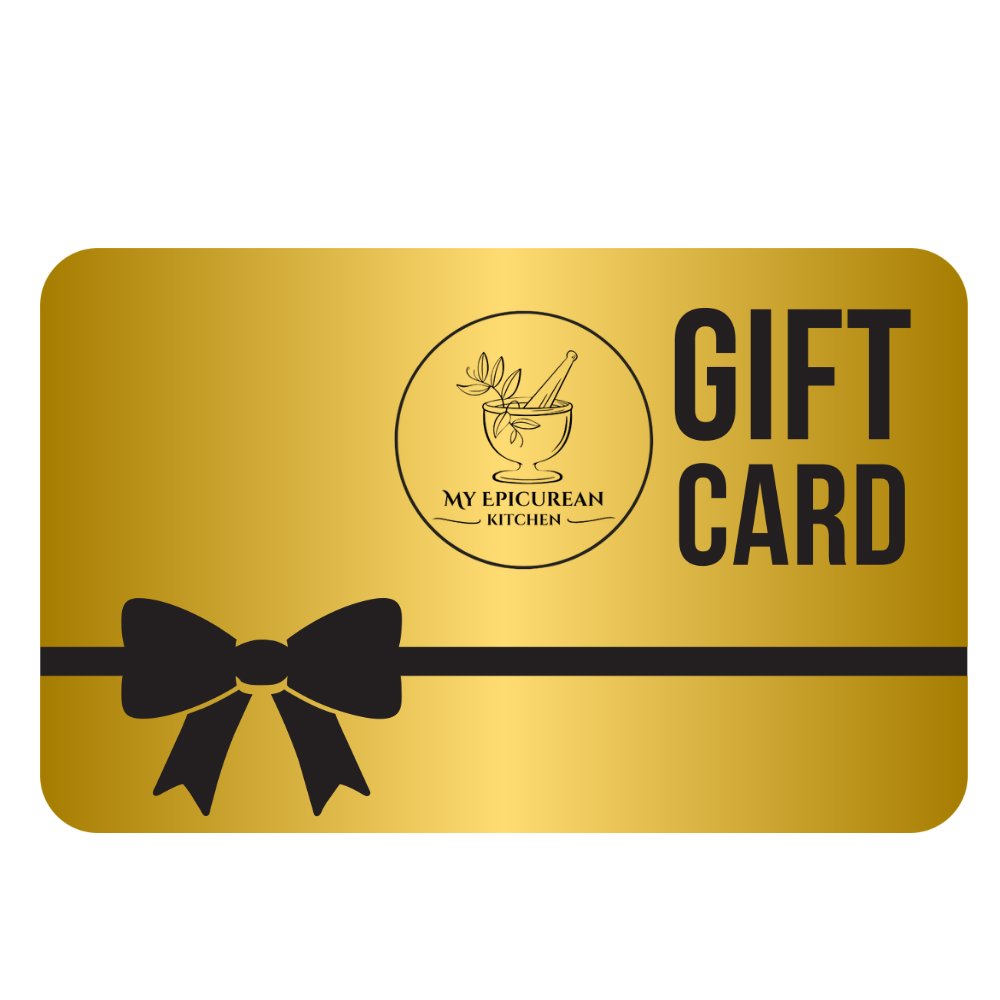 A gold gift card with rounded corners, featuring a black ribbon bow graphic across the lower half, the circular 'My Epicurean Kitchen' logo, and the words 'GIFT CARD' in bold black text on the right.