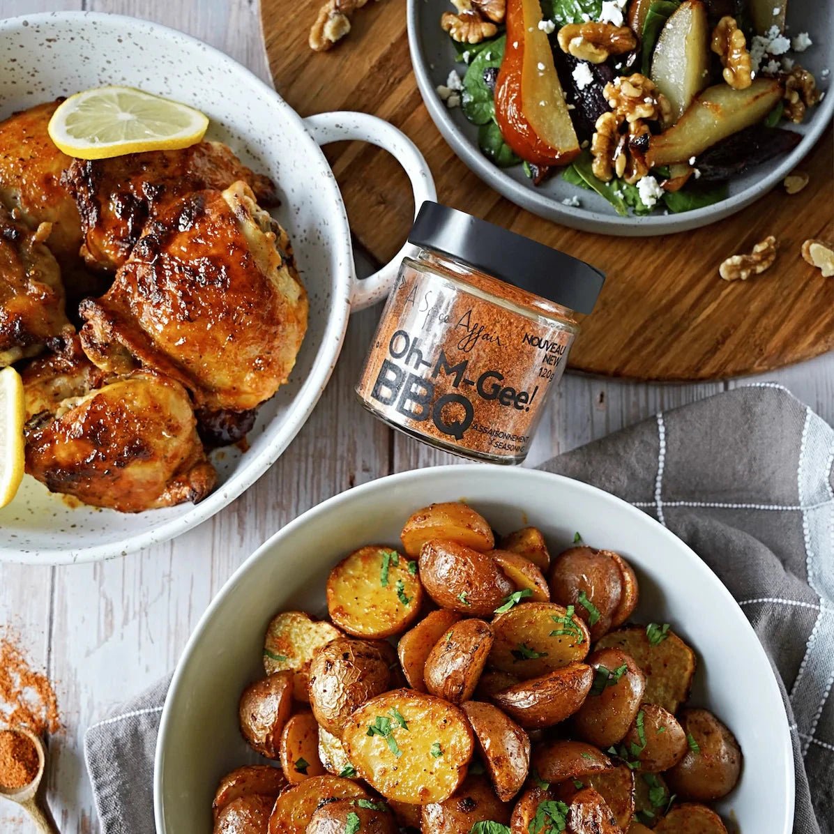 New potatoes, chicken thighs and fuirt & walnut salad. Seasoned with Oh-M-Gee BBQ Seasoning - A Spice Affair