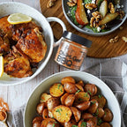 New potatoes, chicken thighs and fuirt & walnut salad. Seasoned with Oh-M-Gee BBQ Seasoning - A Spice Affair