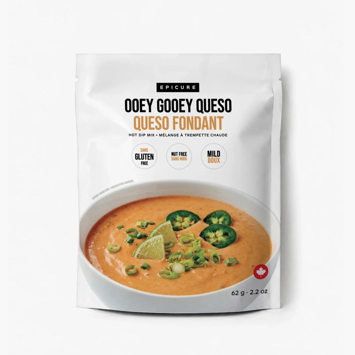 Package of Epicure Ooey Gooey Queso Hot Dip Mix with a bowl of queso on a white background