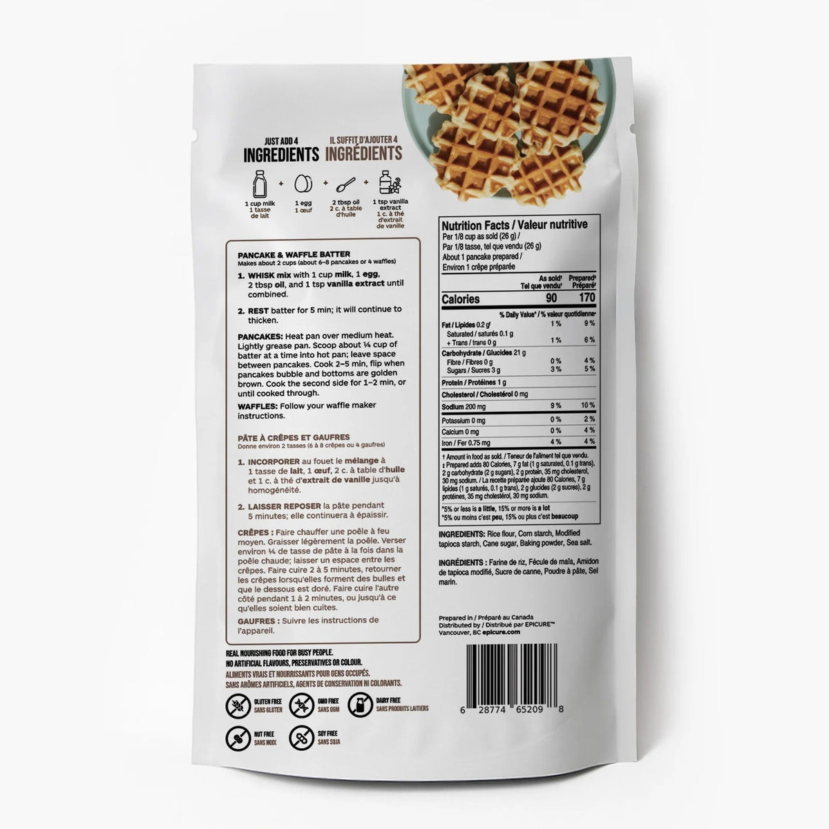 Back view of Epicure Pancake Waffle Mix packaging with nutritional information and ingredients list on a white background