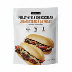 Packaged Philadelphia-style cheesesteak seasoning with images of cheesesteaks on a white background