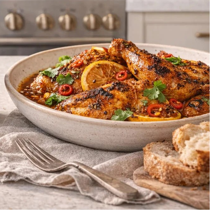 Piri Piri (Portuguese) Chicken garnished with orange slices and parsley in a white bowl with cutlery and napkin on a white table with crusty bread.