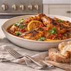 Piri Piri (Portuguese) Chicken garnished with orange slices and parsley in a white bowl with cutlery and napkin on a white table with crusty bread.
