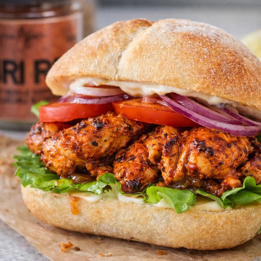 Piri Piri Spices chicken sandwich on a toasted bun with crisp lettuce tomato red onion and creamy sauce close up beside a spice jar