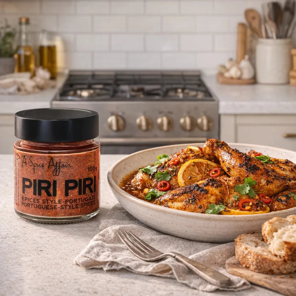 Piri Piri Spices seasoning jar beside a bowl of grilled Portuguese style chicken garnished with lemon slices red chilies and herbs with rustic bread nearby