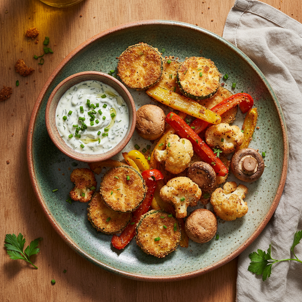 Overhead food photograph of a plated golden-brown  baked mushroom slices, cauliflower pieces, red and yellow bell pepper strips, and a small bowl of white creamy sauce topped with chopped green herbs. A beige cloth napkin is visible at the right edge.