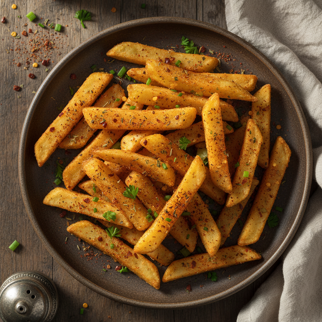 Seasoned french fries served on a dark gray plate, topped with chopped green herbs and red pepper flakes, set on a rustic wooden table with a linen napkin.