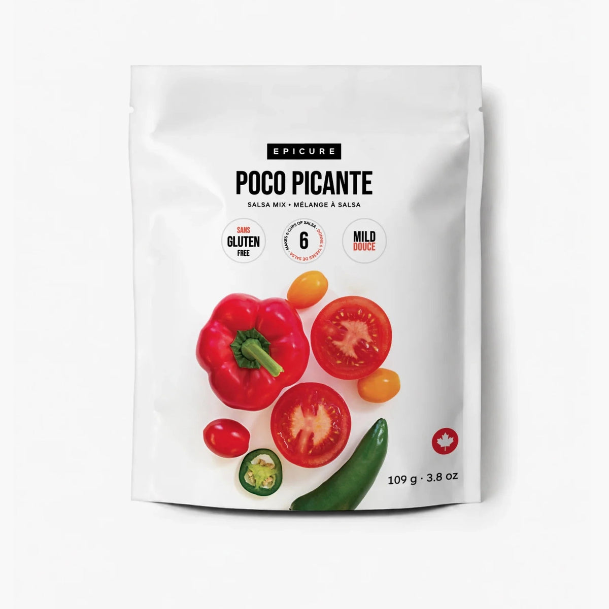  A package of Epicure Poco Picante Salsa Mix with peppers and tomatoes on a white background