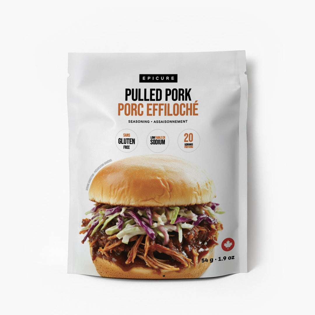 Packaging of Epicure Pulled Pork Porc Effiléché seasoning with a pulled pork sandwich on the front