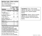 A bilingual Nutrition Facts label and ingredients list for a Epicure Pulled Pork Seasoning. The left side shows a vertical nutrition table with calories, fat, sodium, potassium, calcium, iron, and percentages.